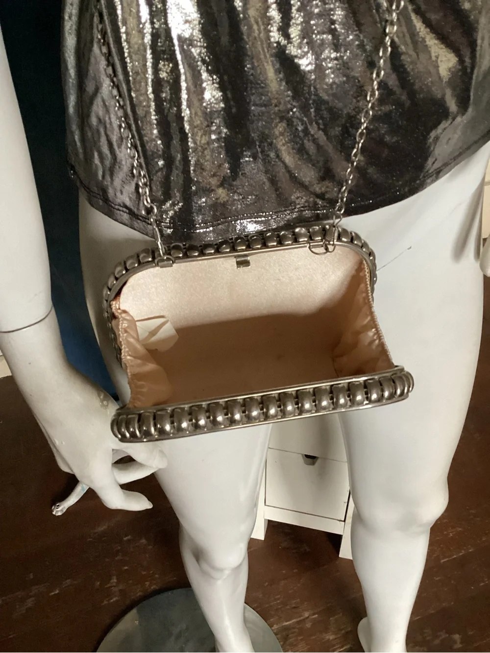 Silver metal & blush quilted sides cocktail purse